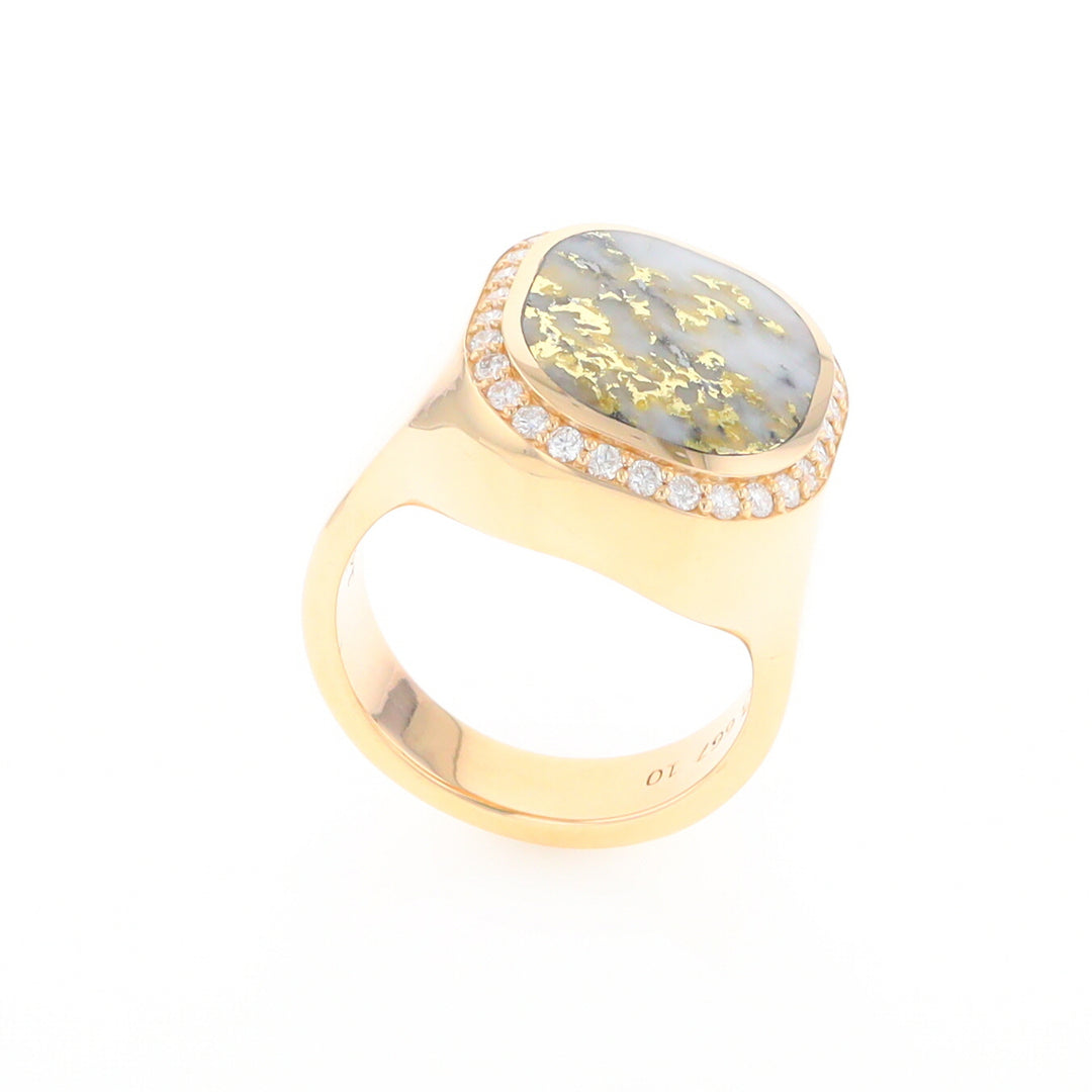 Gold Quartz Cushion Inlaid Men's Ring with Diamond Halo