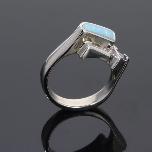 Opal Rings Geometric Inlaid Design with Tanzanite and .08ctw Diamonds