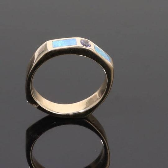 Opal Rings 2 Section Inlaid Design with Round Tanzanite