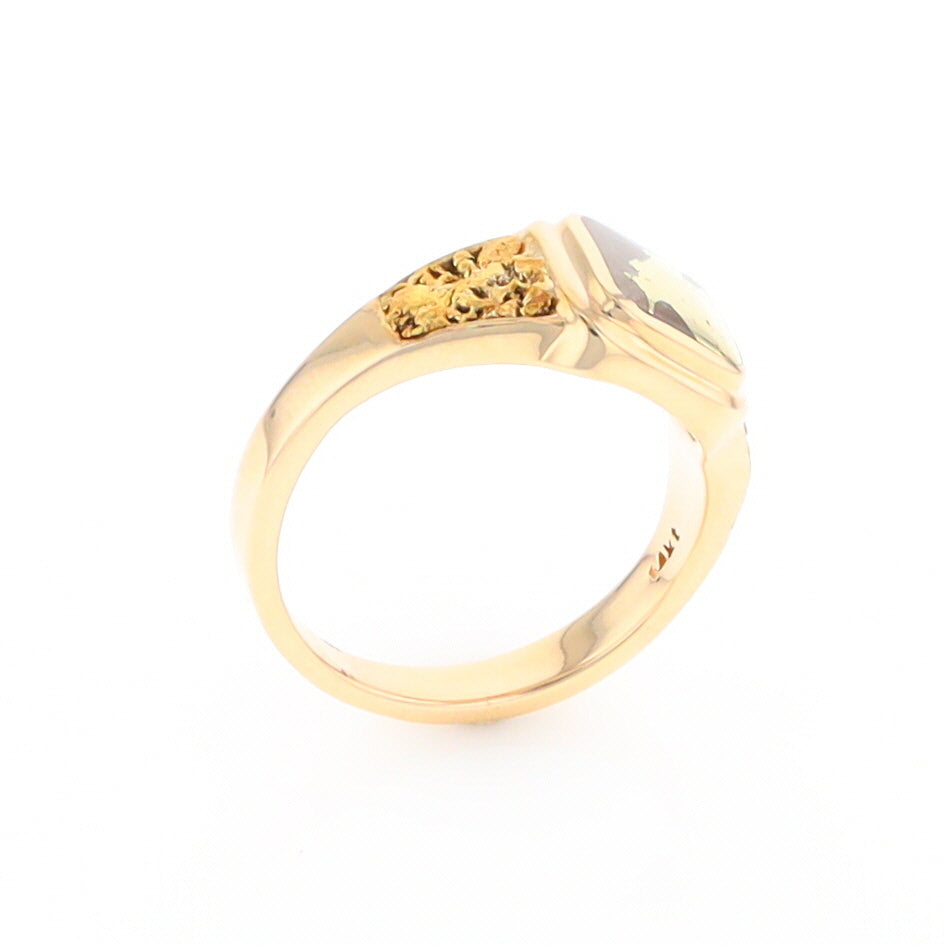 Gold Quartz Ring Square Inlaid Design Double Natural Nugget Sides