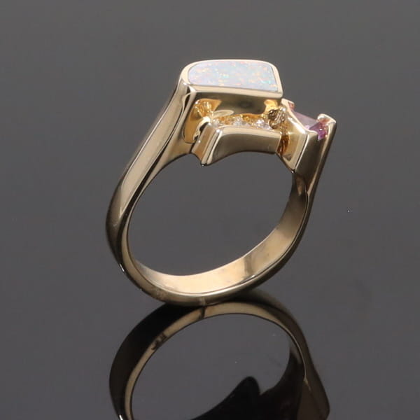 Opal Rings Geometric Inlaid with Pink Sapphire and .08ctw Diamonds