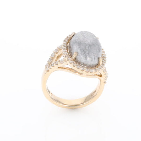 Meteorite Ring Oval Cabochon 0.65ctw Round Diamonds Halo