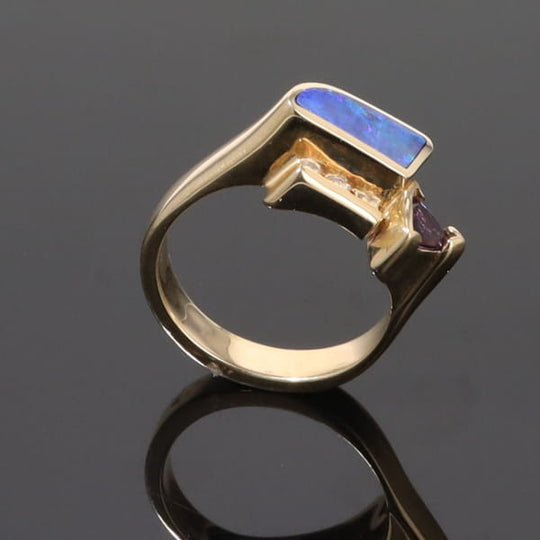 Opal Rings Geometric Inlaid with Amethyst and .08ctw Diamonds