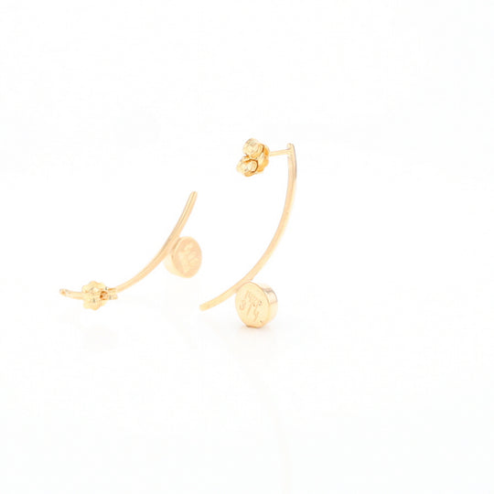 Gold Quartz Earrings Round Inlaid Curved Bar Design