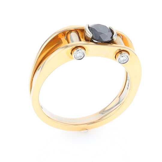 Men's Contemporary White and Yellow Gold Industrial Black Diamond Ring