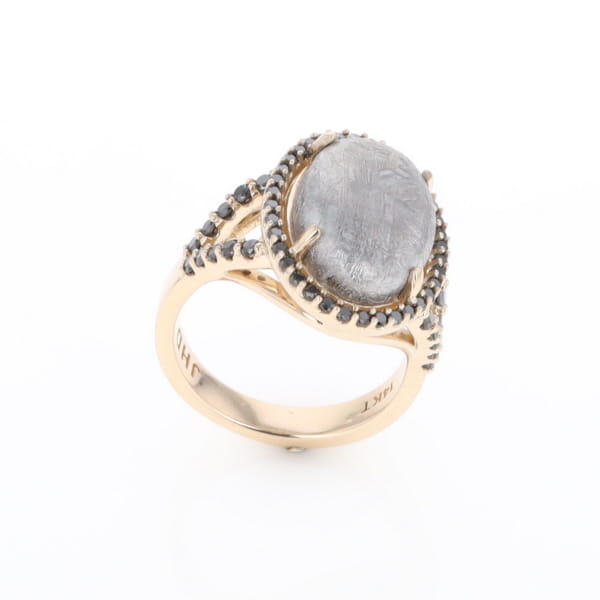 Meteorite Ring Oval Cabochon 0.65ctw Round Black Diamonds Halo