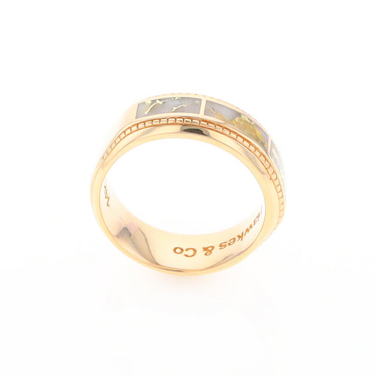 Gold Quartz Ring 3 Section Rectangle Inlaid Milgrain Border Band G1