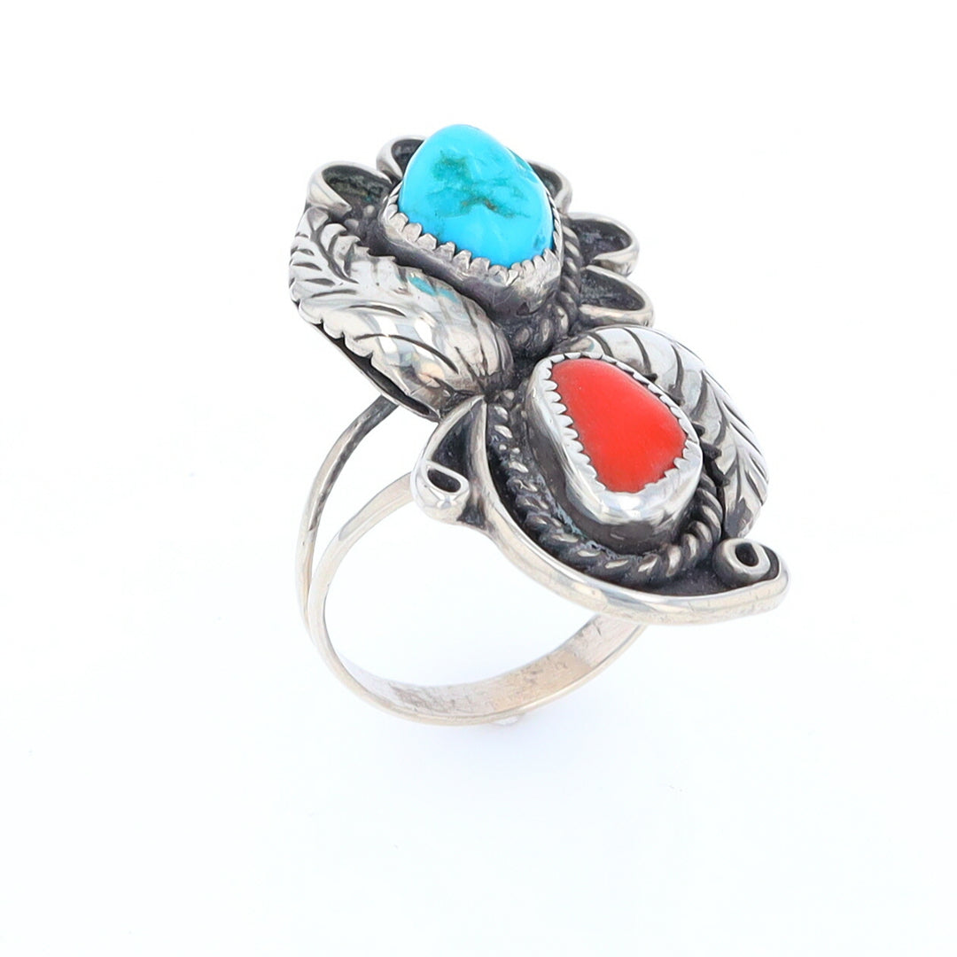 Freeform Turquoise and Coral Sterling Silver Double Leaf Ring