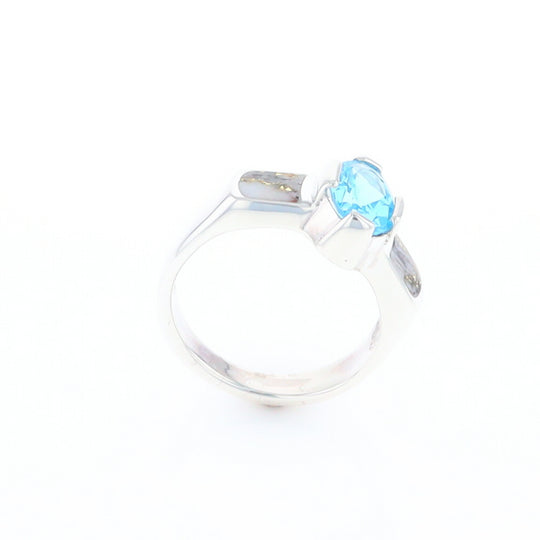 Sterling Silver Gold Quartz Inlaid Oval Blue Topaz Ring - G3