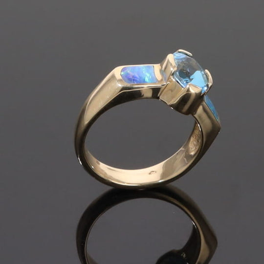 Opal Rings 2 Section Inlaid Design with Oval Swiss Blue Topaz Center