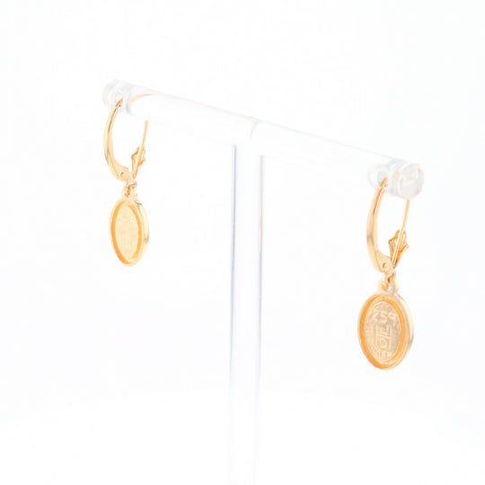 Gold Quartz Earrings Oval Inlaid Design Lever Backs - G2