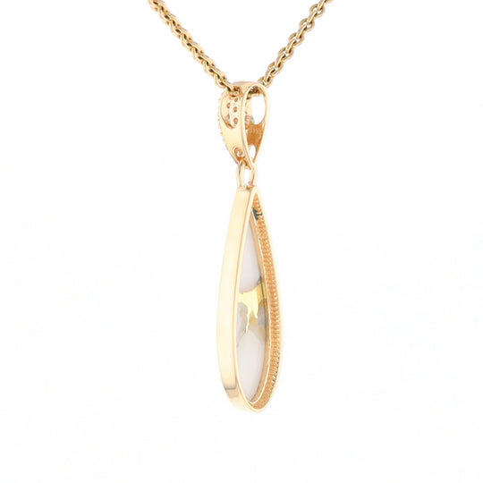 Gold Quartz Necklace, Tear Drop Inlaid Design with 0.11ctw Diamond Pave Pendant G2