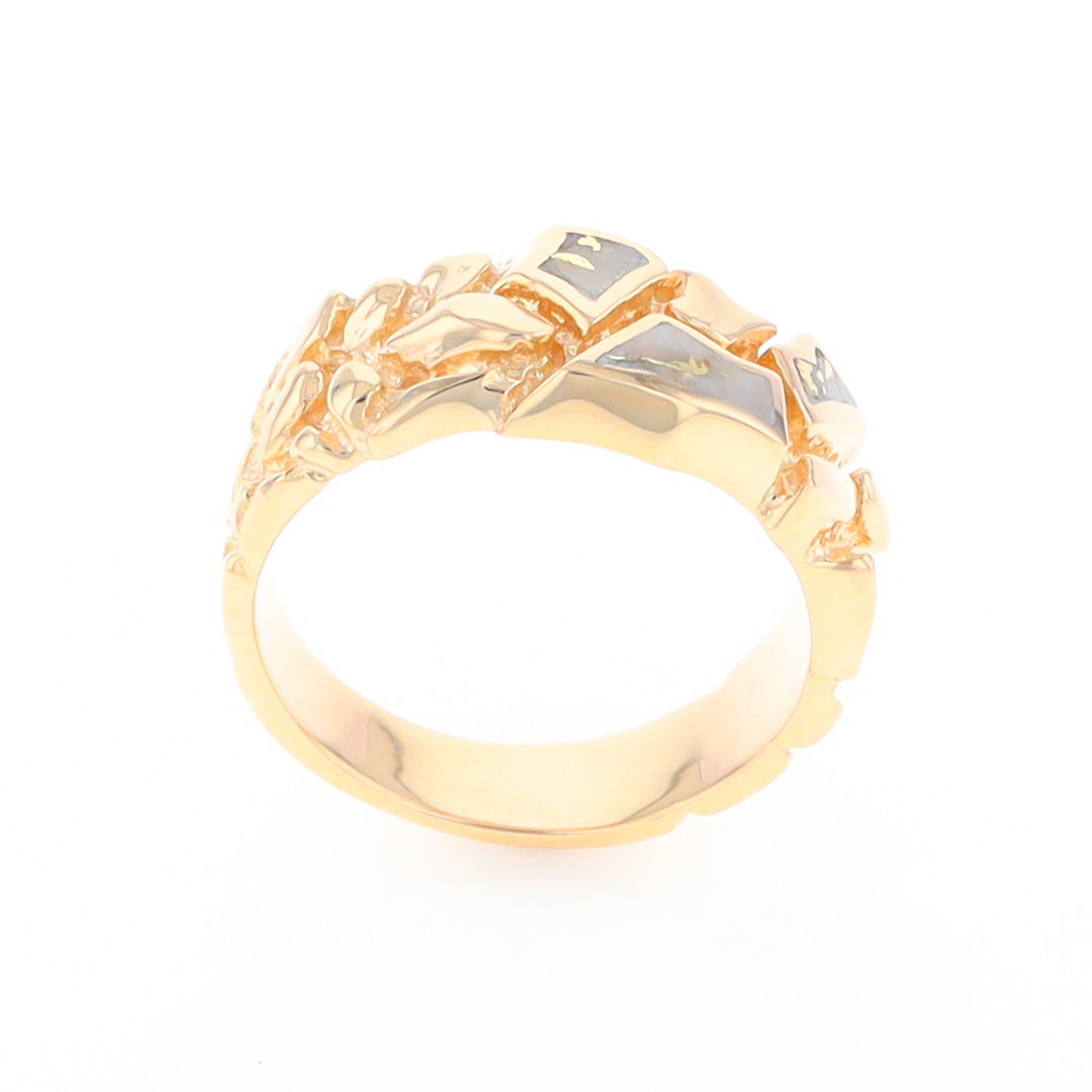 Gold Quartz Ring 3 Section Inlaid Nugget Design Band