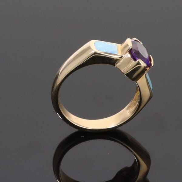 Opal Rings 2 Section Inlaid Design with Oval Amethyst Center