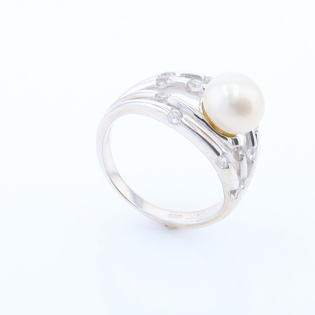 Pearl Bamboo Ring with Cubic Zirconia Accents