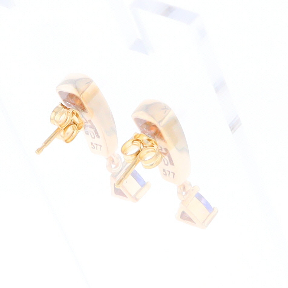 Gold Quartz Earrings Rectangle Inlaid Design with 0.11ct Diamonds & Trillion Cut Tanzanite