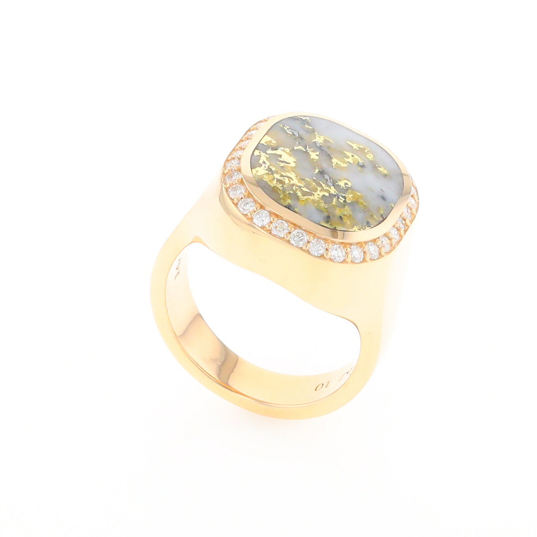 Gold Quartz Cushion Inlaid Men's Ring with Diamond Halo