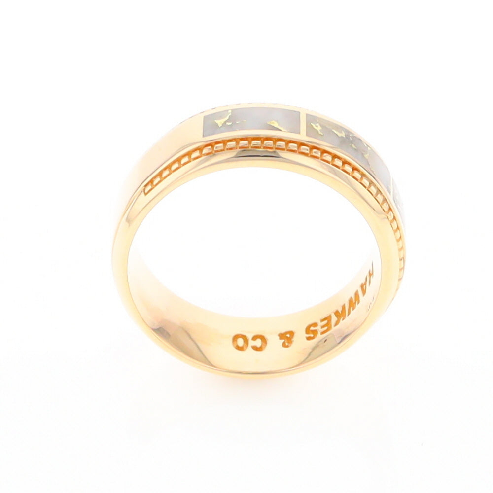 Gold Quartz Ring 3 Section Rectangle Inlaid Milgrain Border Band