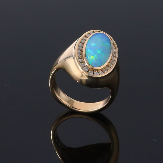 Opal Rings Oval Inlaid Design with .36ctw Round Diamonds Halo