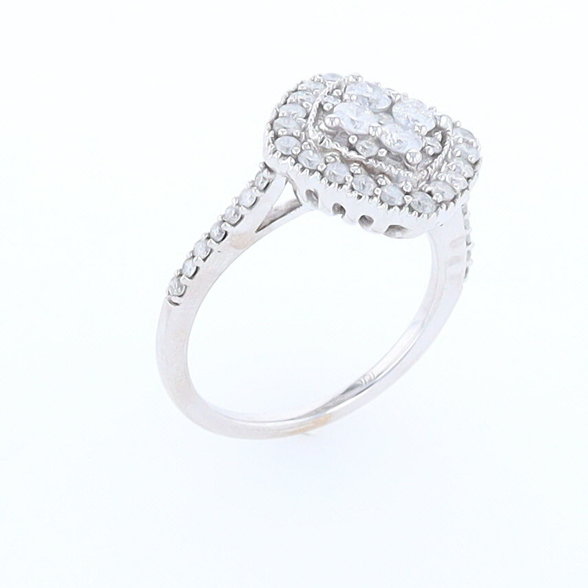 Square Diamond Cluster Milgrain Ring White Gold