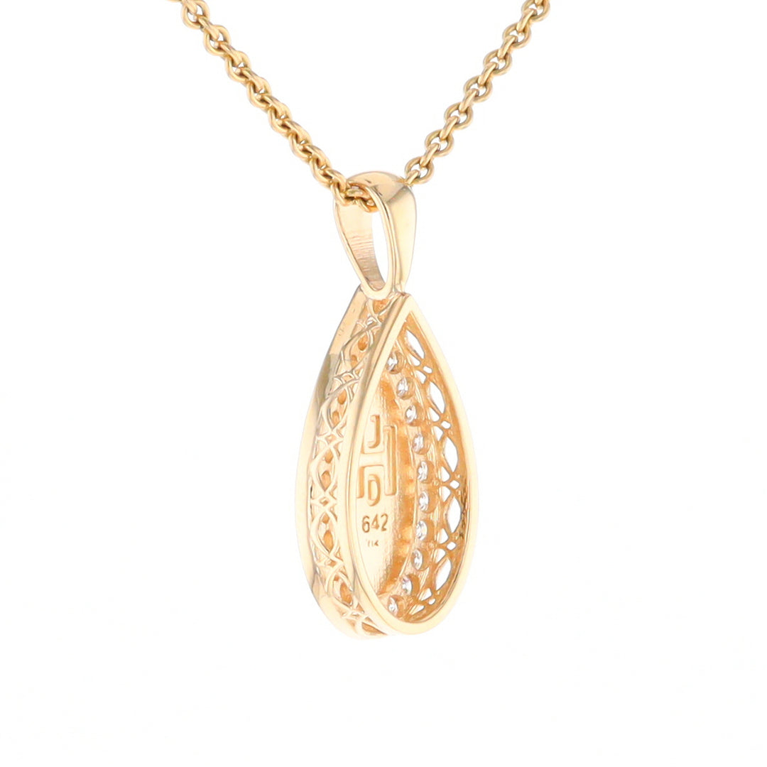 Gold Quartz Pendant Tear Drop Inlaid .42ctw Diamond Halo Design