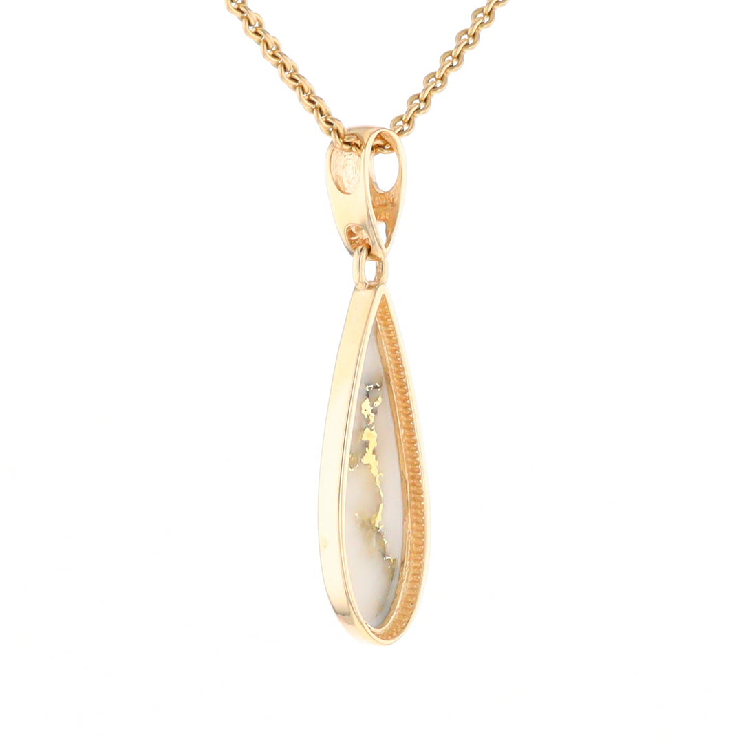 Gold Quartz Pendant Tear Drop Inlaid Design G2