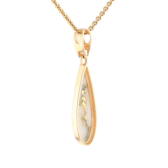 Gold Quartz Pendant Tear Drop Inlaid Design G2