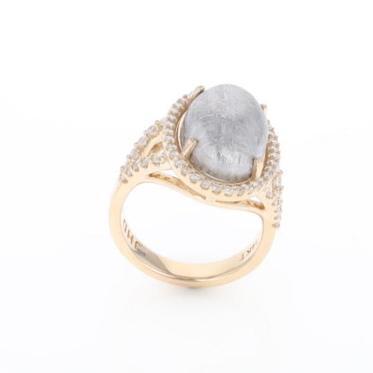 Meteorite Ring Oval Cabochon 0.65ctw Round Diamonds Halo