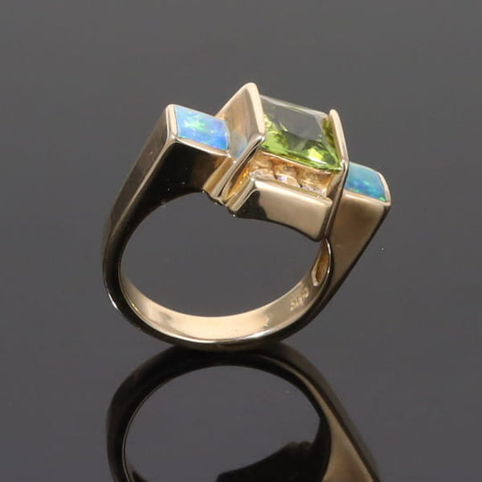 Opal Rings 2 Square Inlaid Peridot with 0.24ctw Diamonds