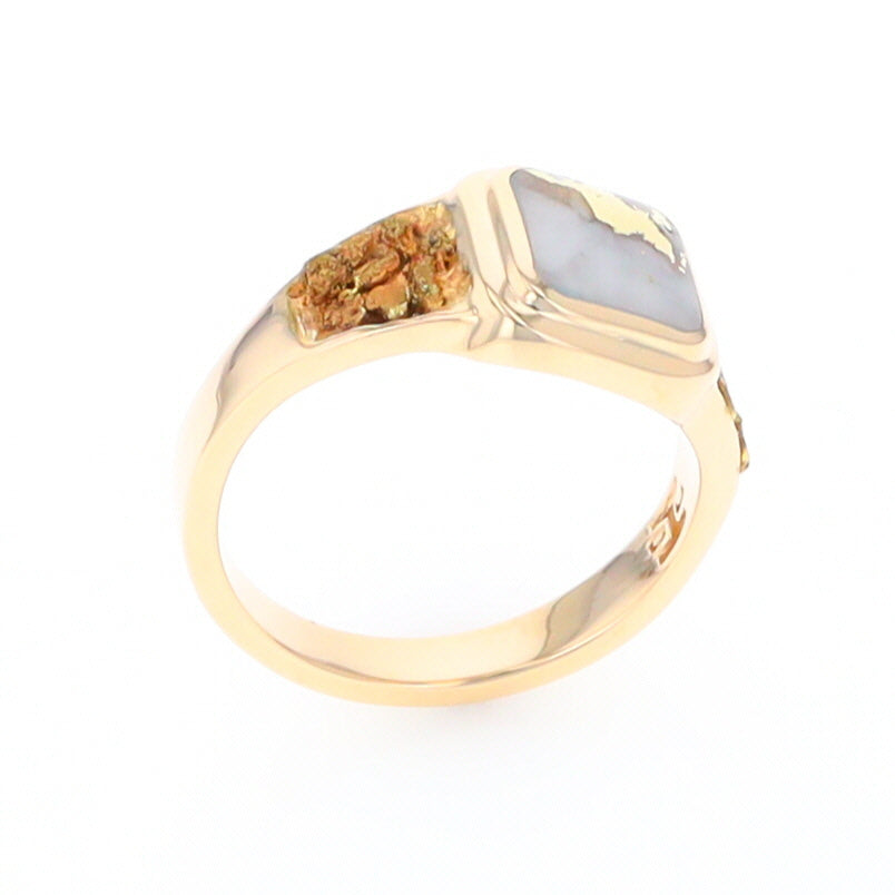 Gold Quartz Ring Square Inlaid Design Double Natural Nugget Sides