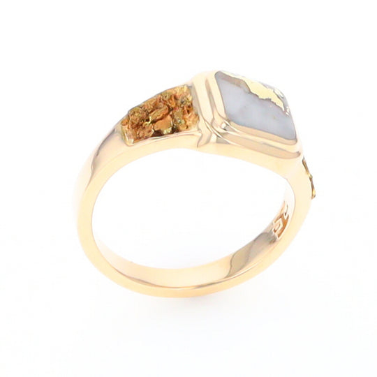 Gold Quartz Ring Square Inlaid Design Double Natural Nugget Sides