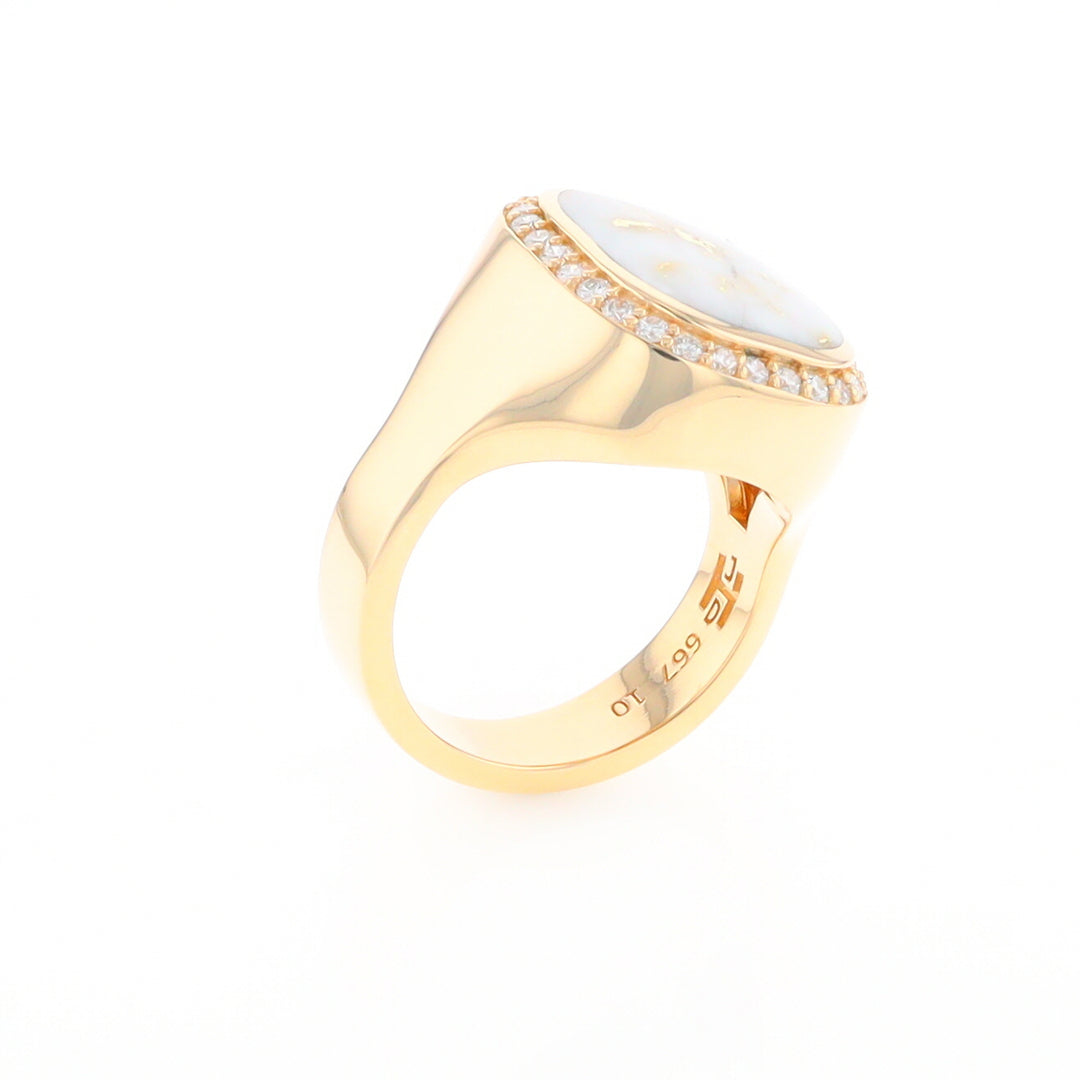 Gold Quartz Cushion Inlaid Men's Ring with Diamond Halo