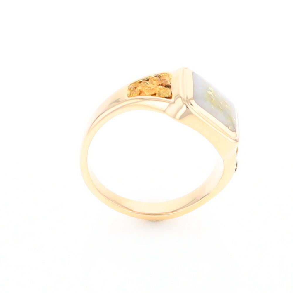 Gold Quartz Ring Square Inlaid Center Design with Natural Nugget Sides