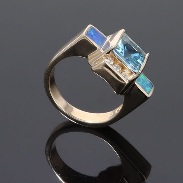 Opal Rings Inlaid Sides Swiss Blue Topaz Center with .24ctw Diamonds