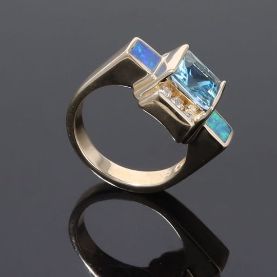 Opal Rings Inlaid Sides Swiss Blue Topaz Center with .24ctw Diamonds