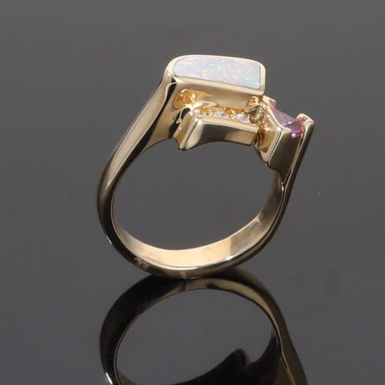 Opal Rings Geometric Inlaid with Pink Sapphire and .08ctw Diamonds