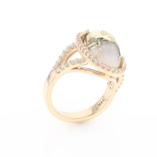 Gold Quartz Ring Oval Cabochon 0.65ctw Round Diamonds Halo