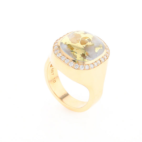 Gold Quartz Cushion Inlaid Men's Ring with Diamond Halo