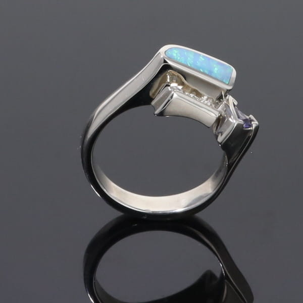 Opal Rings Geometric Inlaid Design with Tanzanite and .08ctw Diamonds