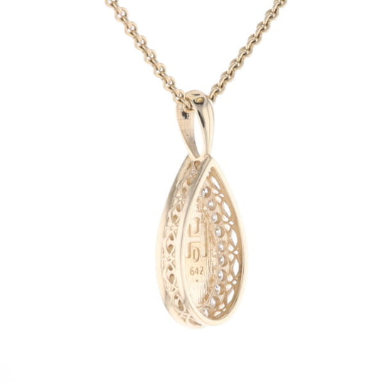 Gold Quartz Pendant Tear Drop Inlaid .42ctw Diamond Halo Design