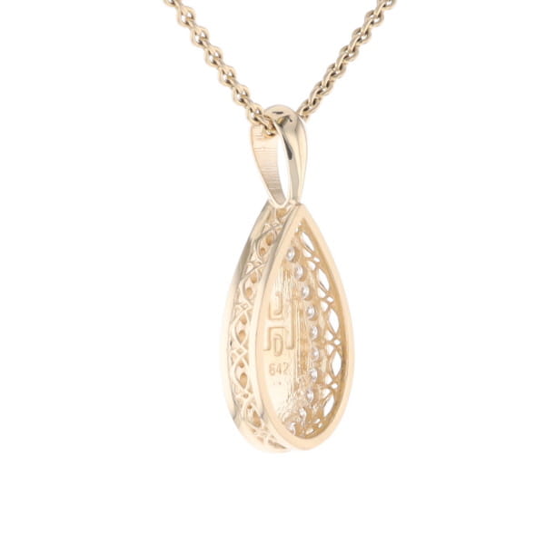 Gold Quartz Pendant Tear Drop Inlaid .42ctw Diamond Halo Design