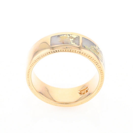 Gold Quartz Ring 3 Section Rectangle Inlaid Band with Milgrain Design