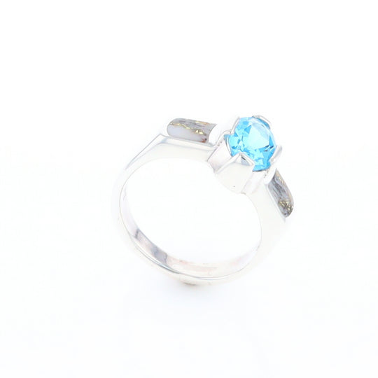 Sterling Silver Gold Quartz Inlaid Oval Blue Topaz Ring - G3