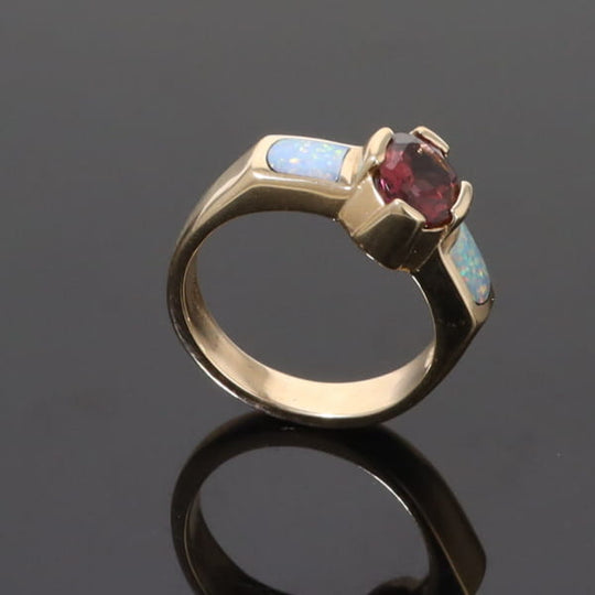 Opal Rings 2 Section Inlaid Design with Oval Pink Tourmaline