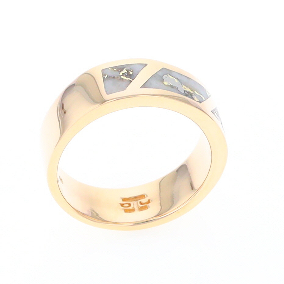 Gold Quartz Ring, 3 Section Inlaid Design