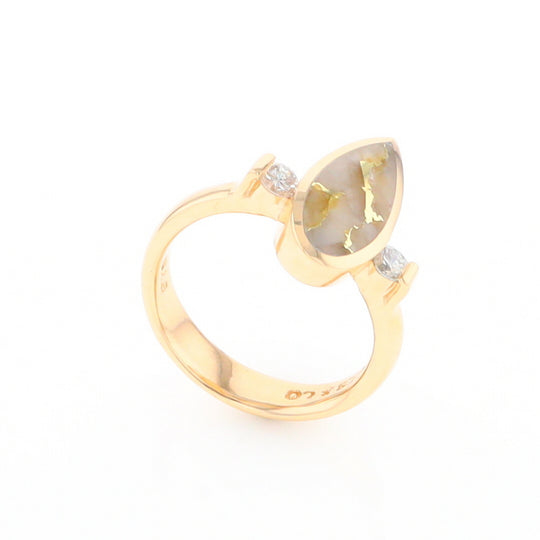 Gold Quartz Ring Pear Shape Inlaid with .18ctw Round Diamonds