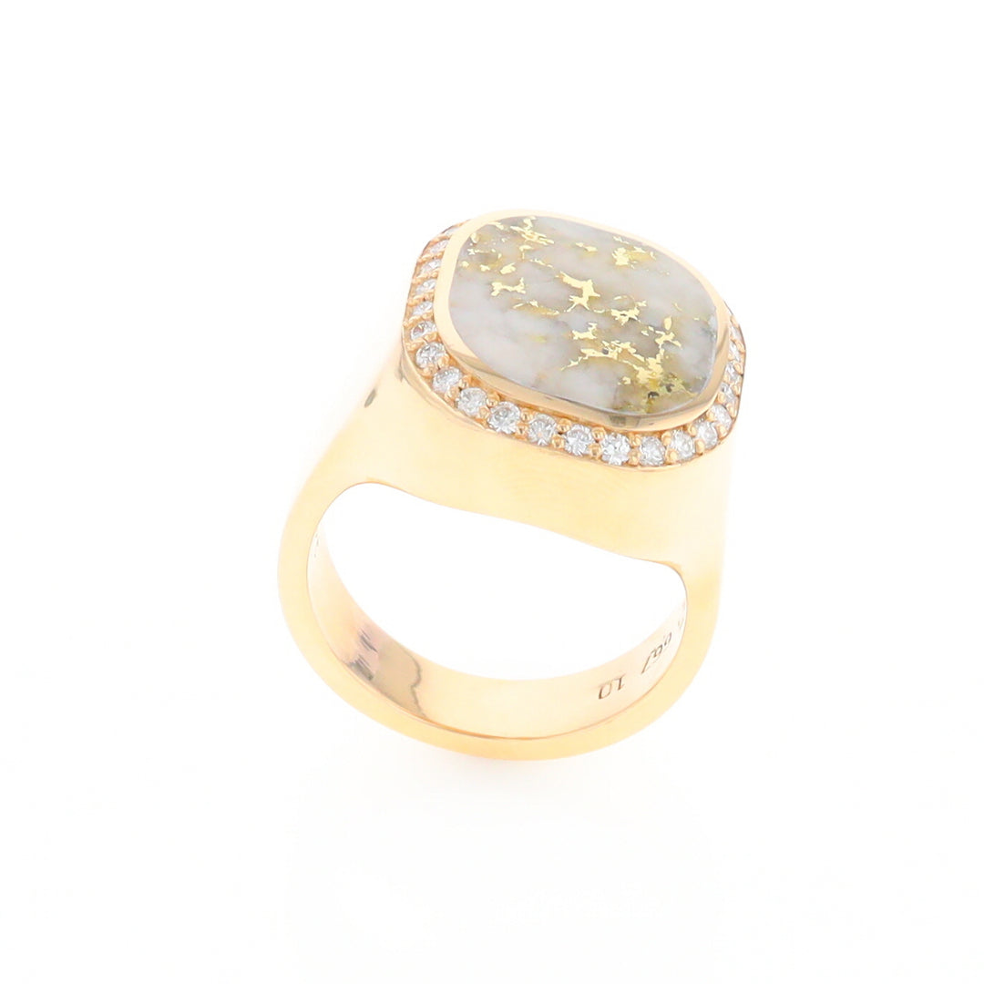 Gold Quartz Cushion Inlaid Men's Ring with Diamond Halo