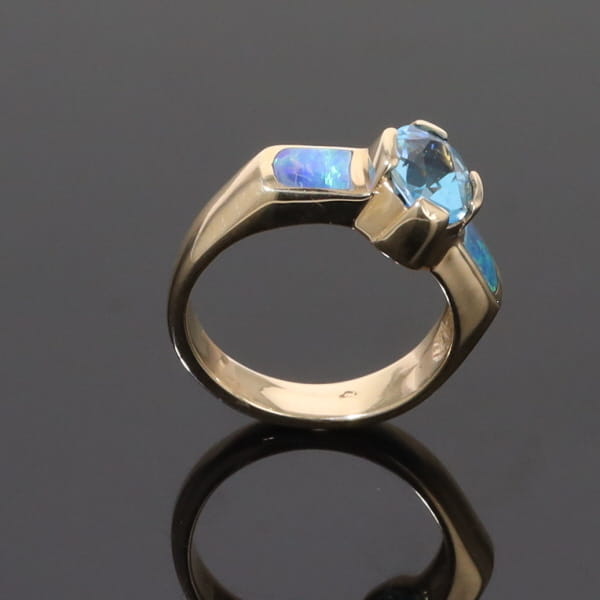 Opal Rings 2 Section Inlaid Design with Oval Swiss Blue Topaz Center