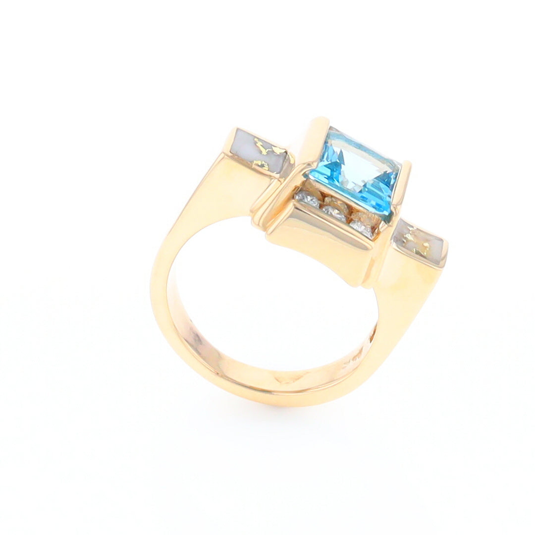 Princess Cut Blue Topaz Gold Quartz 2-Square Inlaid Ring With Diamonds