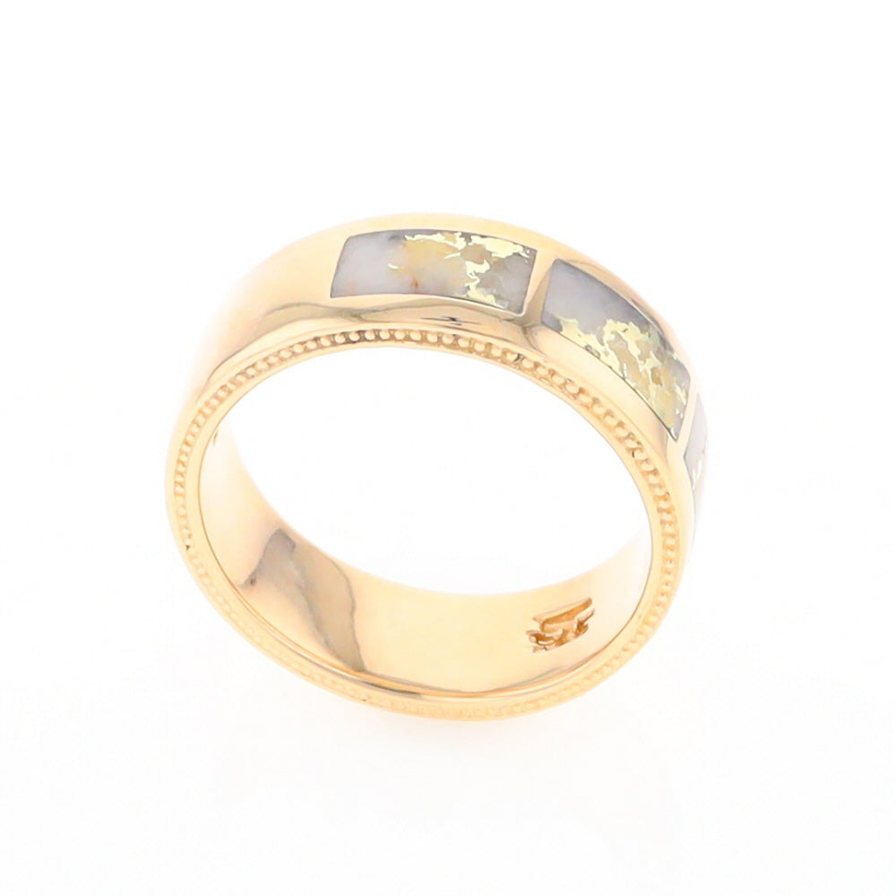 Gold Quartz Ring 3 Section Rectangle Inlaid Band with Milgrain Design